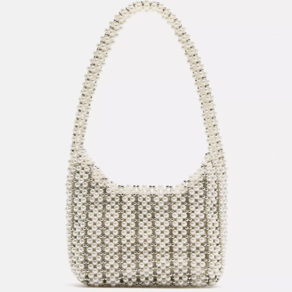Pearl and Silver Beaded Shoulder Bag - Zara